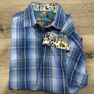 Robert Graham Blue Plaid Paisley Button Down Shirt Contrast Cuffs Men’s XL